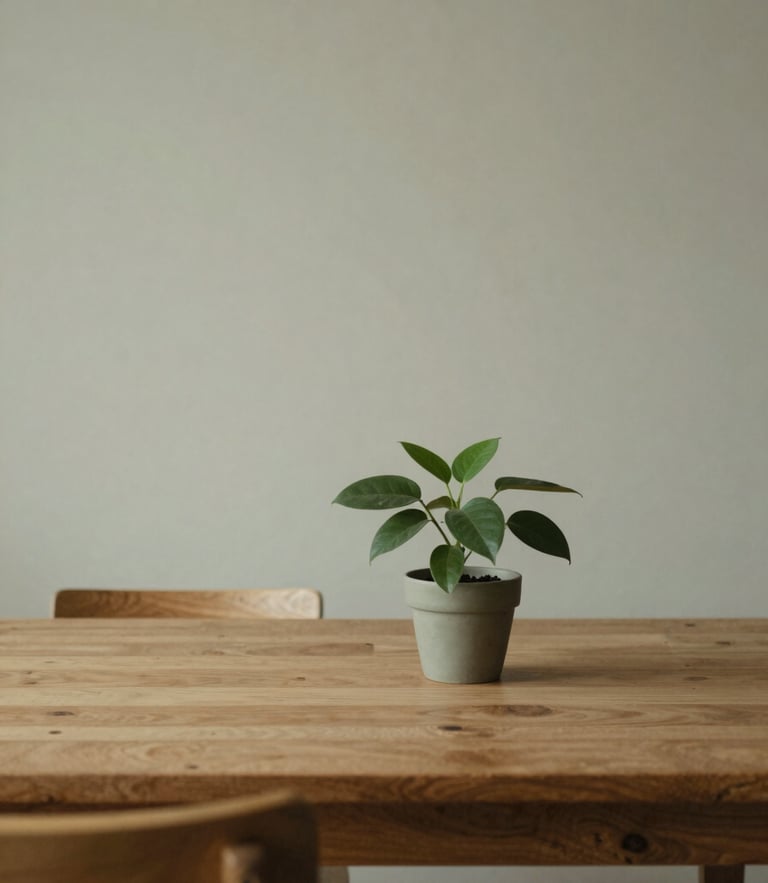 A quiet, sunlit room with a single green plant on a wooden table, soft desaturated sage wall, soft diffused daylight, muted earth tones, 35mm, shallow depth of field