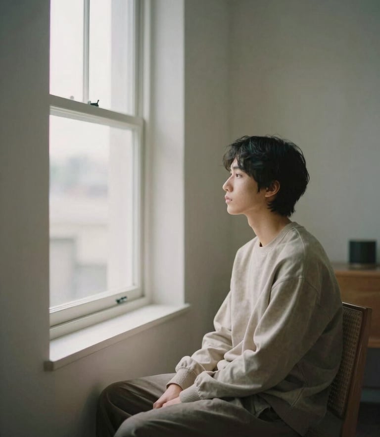 A calm individual sitting in a modern, sunlit, minimalist room, soft north-facing daylight, looking out a window in quiet contemplation, muted sage and sand colors, 35mm photography