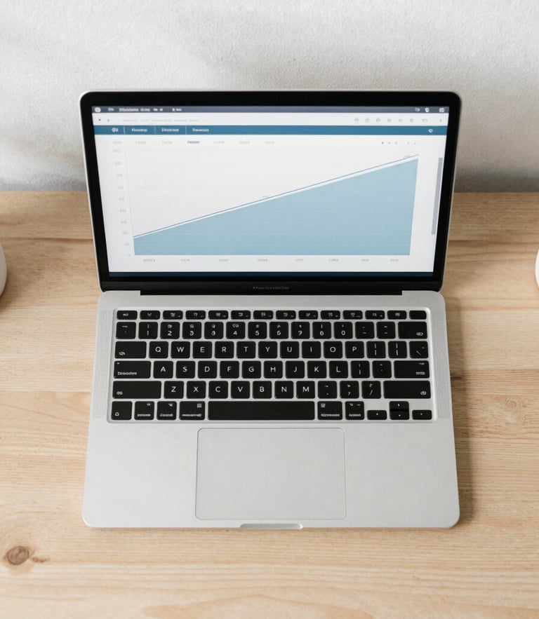 Flat-lay overhead shot of a minimalist wooden workspace, a laptop showing a clean line chart with slate blue accents, soft overcast daylight, 35mm lens