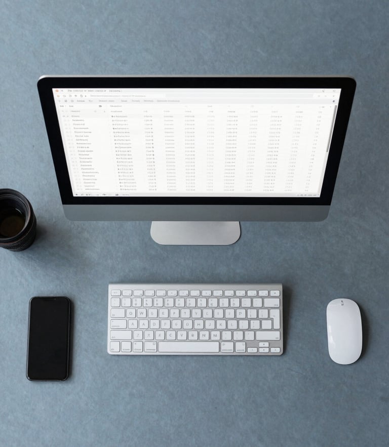 Flat-lay overhead shot of a minimalist workspace, cool slate blue and charcoal tones, soft overcast daylight, sharp focus on a clean screen showing structured data tables