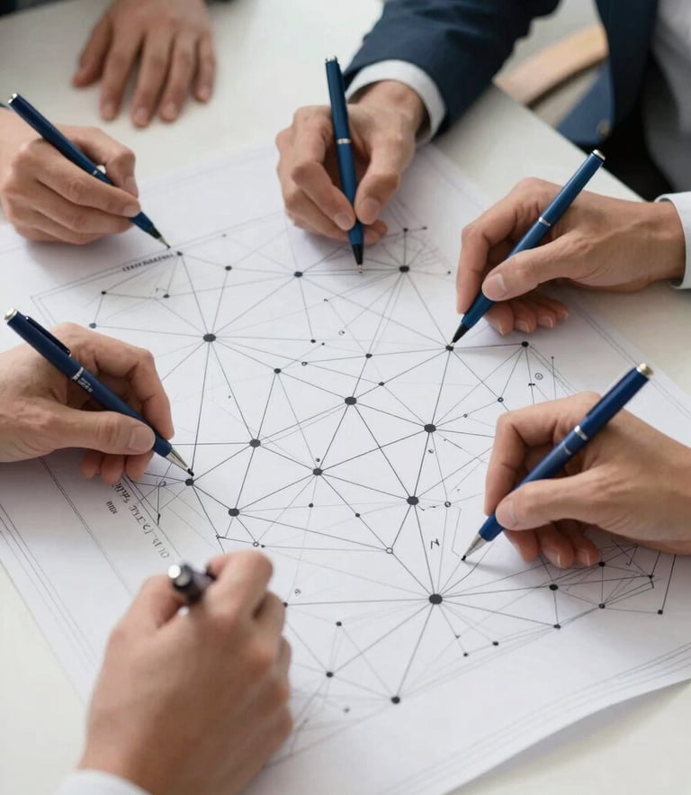A top-down view of diverse professional hands sketching a complex network diagram on a large blueprint, bright natural daylight, technical blue pens, sharp focus.