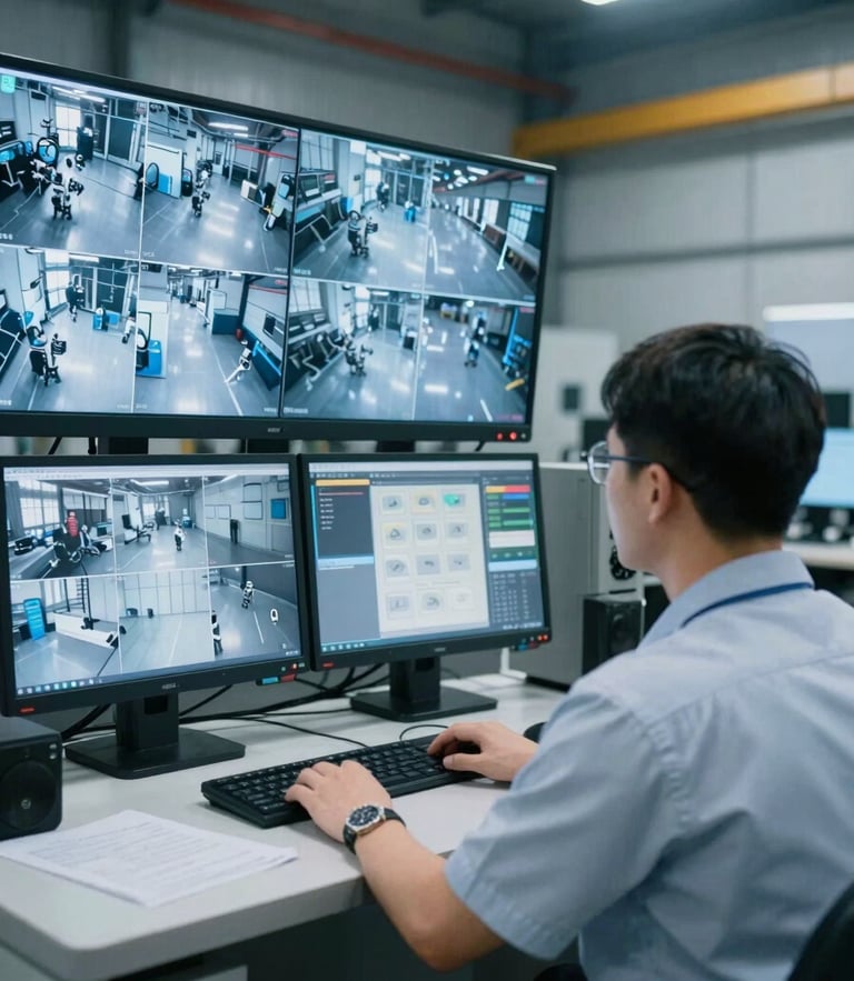 Medium-shot CCTV perspective of an industrial supervisor looking at a control room monitor showing real-time safety camera feeds, cool blue tones, sharp focus, high-contrast warehouse lighting, 35mm