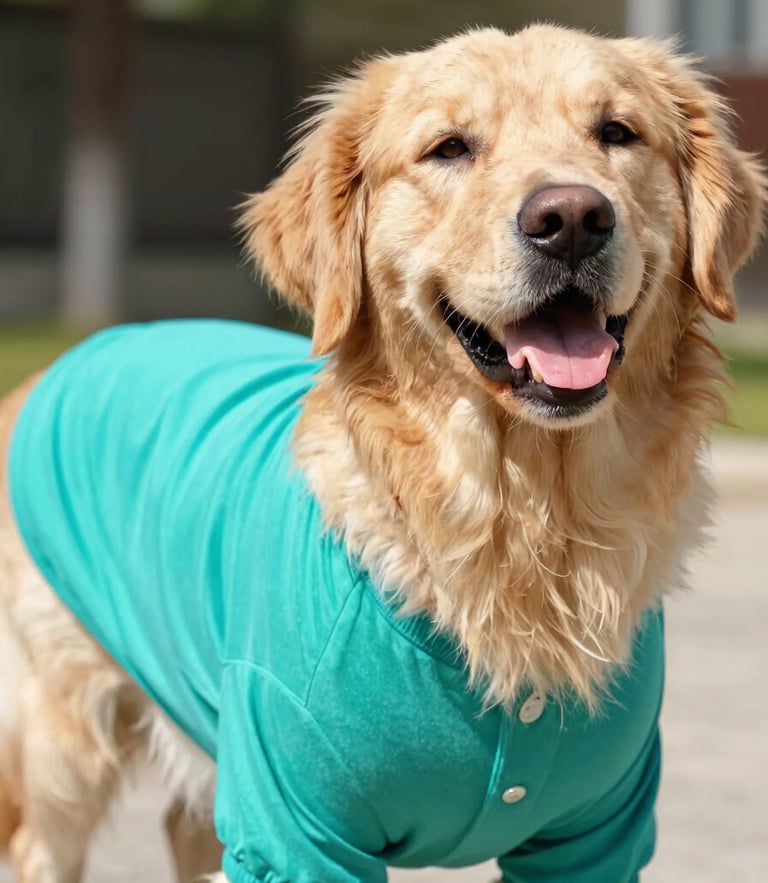Close-up of a happy golden retriever wearing a custom vibrant teal handmade shirt, bright natural daylight, shallow depth of field