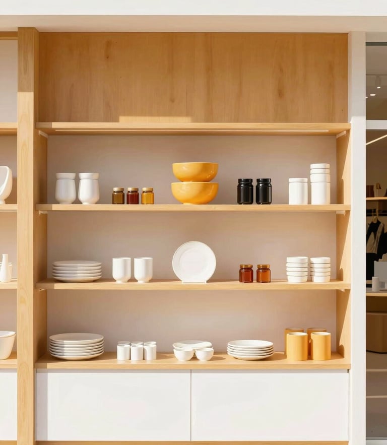 Straight-on architectural shot of organized retail display, warm amber accents, soft high-key natural light, 35mm lens