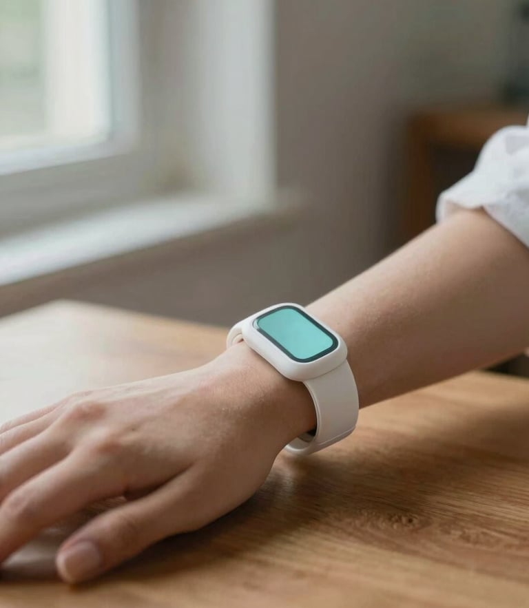 Close-up of a medical-grade wearable on a woman's wrist as she rests her hand on a wooden table in soft morning window light, shallow depth of field, 35mm.