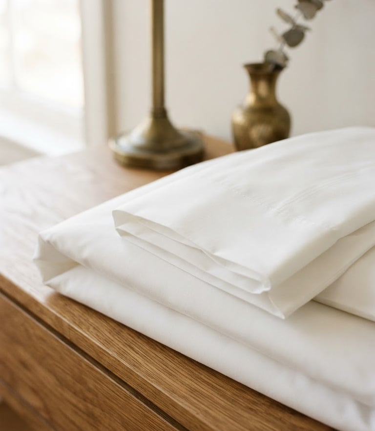 Elegant close-up of folded high-thread-count white linens on a wooden table, warm morning light, brass accent in background, 35mm photography