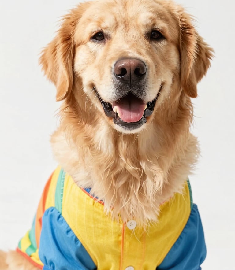 Close-up portrait of a happy golden retriever wearing a colorful custom-tailored summer shirt, bright high-key pet photography, natural daylight, vibrant saturated colors, shallow depth of field, 50mm lens