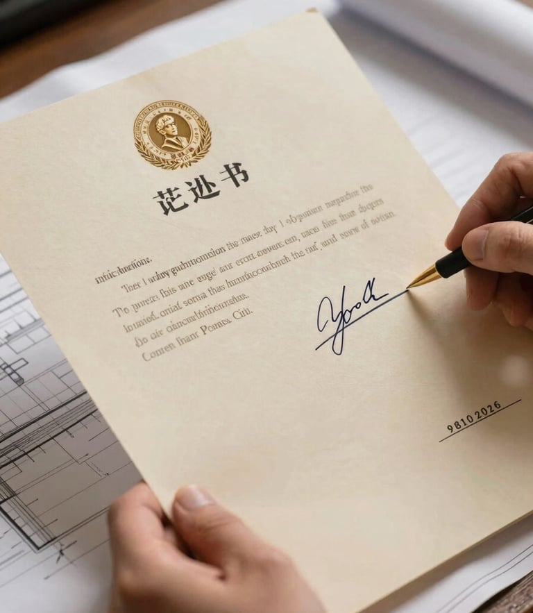A close-up shot of hands holding a signed deed of land transfer, warm natural light illuminating the document, architectural blueprint visible underneath.