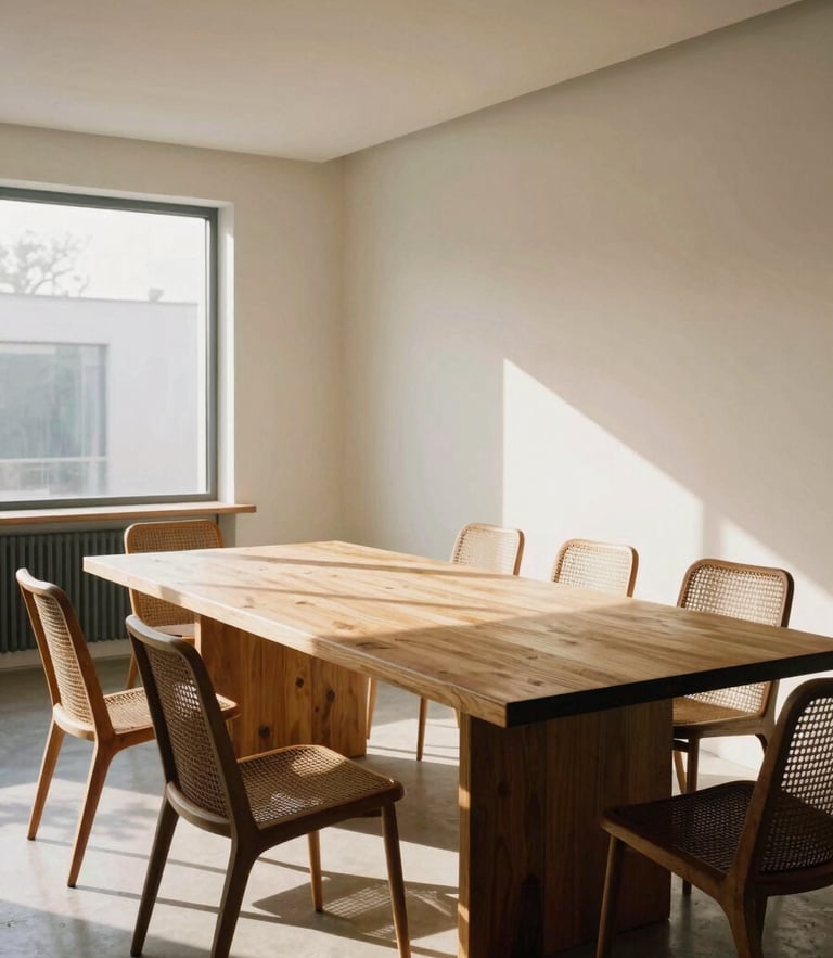 A bright, high-ceilinged architectural showroom with a large rectangular teak dining table and high-tension mesh recliners, soft morning light casting long shadows, medium format film.