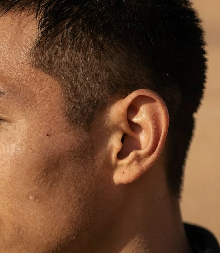 Macro close-up of a sharp, clean fade on a model's temple, dramatic side-lighting casting deep shadows, warm desert sand tones, 35mm.