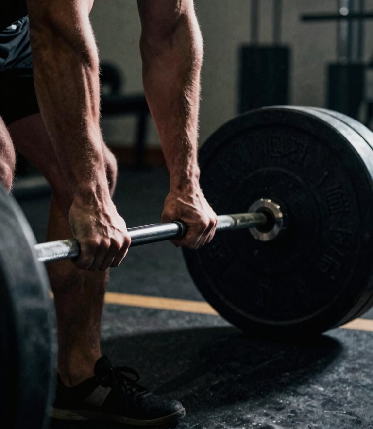Dramatic close-up of an athlete's hands gripping a heavy barbell, chalk dust in the air, high-contrast directional lighting, deep shadows, clinical athletic facility, 35mm film.