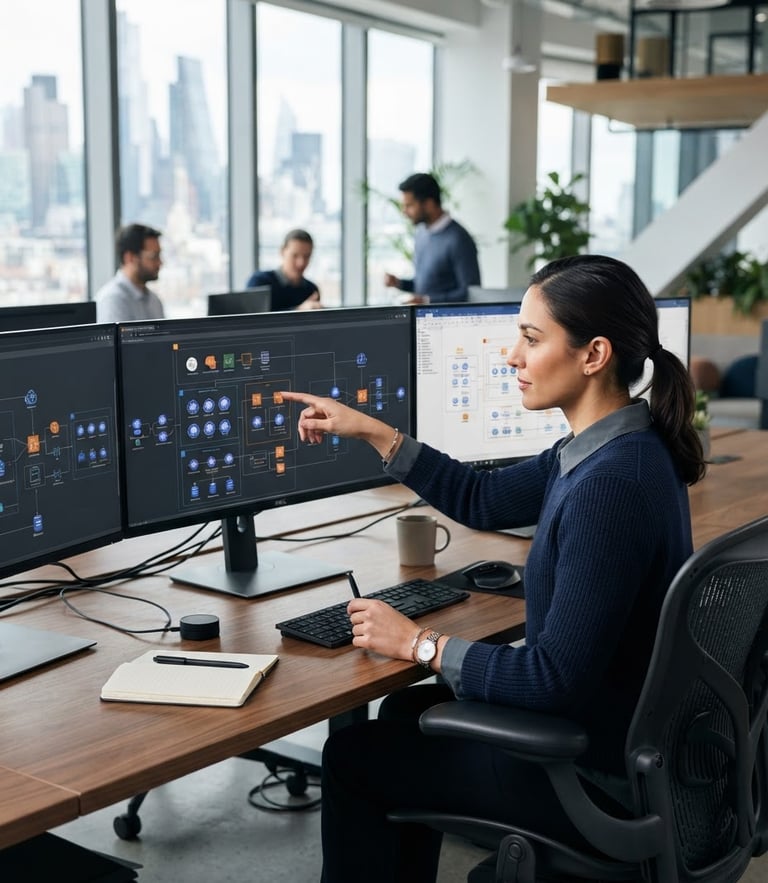 A professional software engineer reviewing system architecture on high-end monitors in a bright, modern tech workspace, cool corporate editorial style.