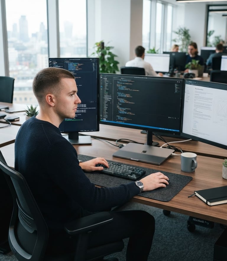 Modern clean workspace environment, professional developer setup with clean code on screens, cool corporate editorial photography, bright natural window light, crisp navy and slate tones, sharp focus, 35mm
