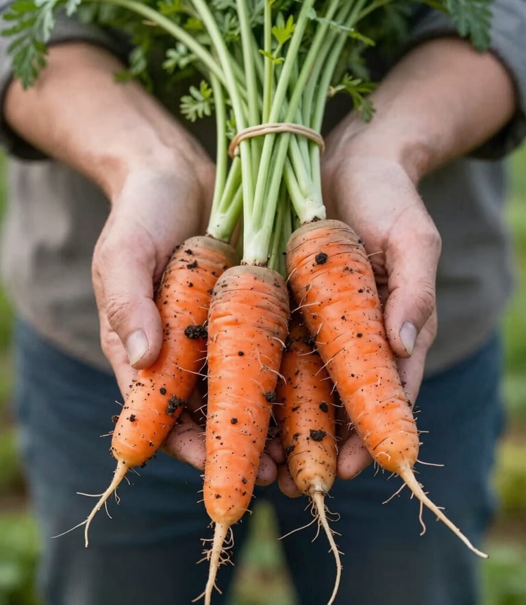 Close-up of a farmer's hands holding freshly harvested heirloom carrots with rich soil clinging to the roots, soft natural Scandinavian daylight, shallow depth of field