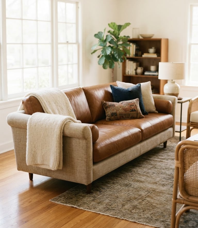 A beautifully finished custom sofa in a bright, sunlit living room, warm editorial photography, soft natural daylight, rich tactile textures.