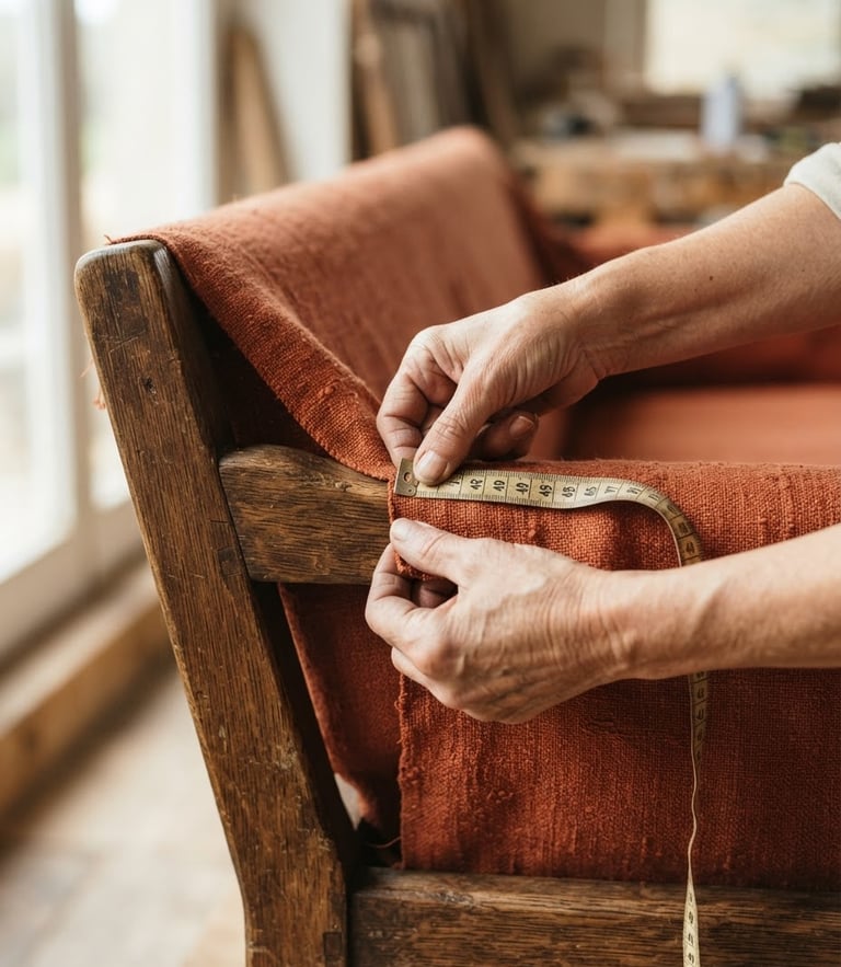 Close-up of hands measuring heavy woven terracotta fabric over a solid wooden sofa frame, soft natural window light, shallow depth of field
