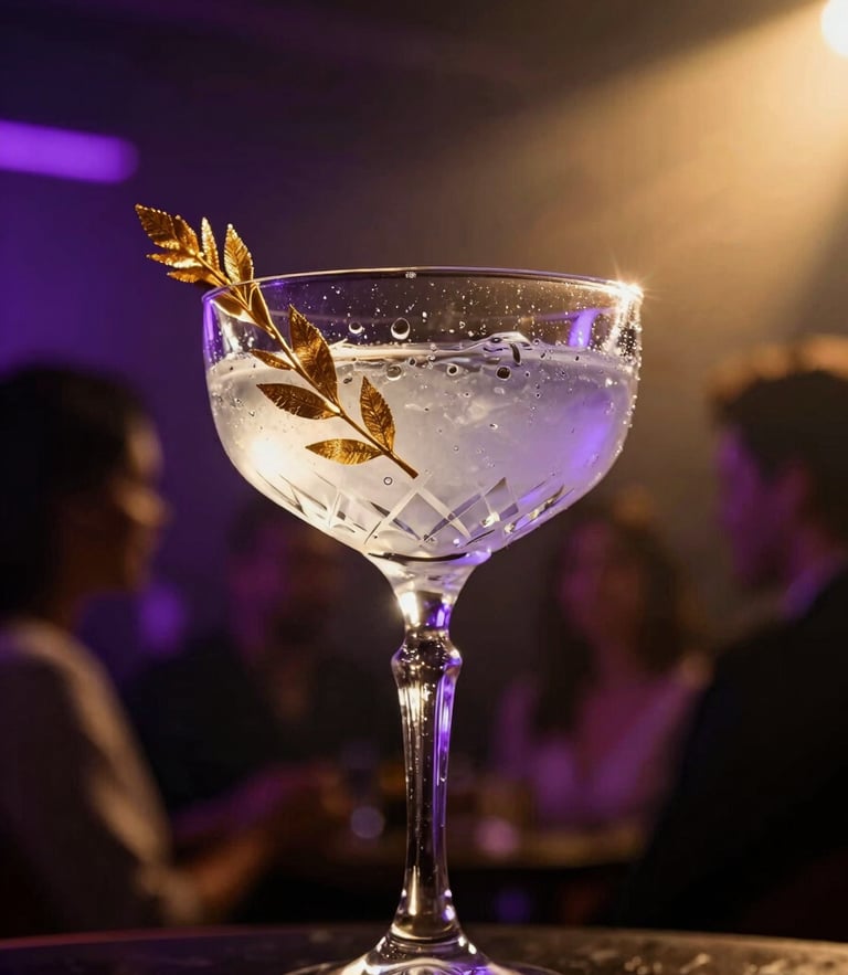 Dynamic close-up of a premium crystal cocktail glass with condensation, a gold-leaf garnish, set against a dark background with dramatic neon purple and brushed gold backlighting, motion blur of an elegant crowd in the distance, 35mm lens.