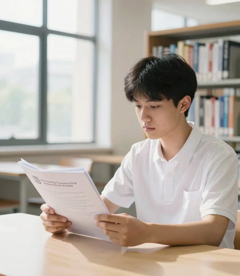 A focused student reviewing university prospectus documents in a bright, sunlit library setting, morning daylight, clean academic environment, 35mm lens.