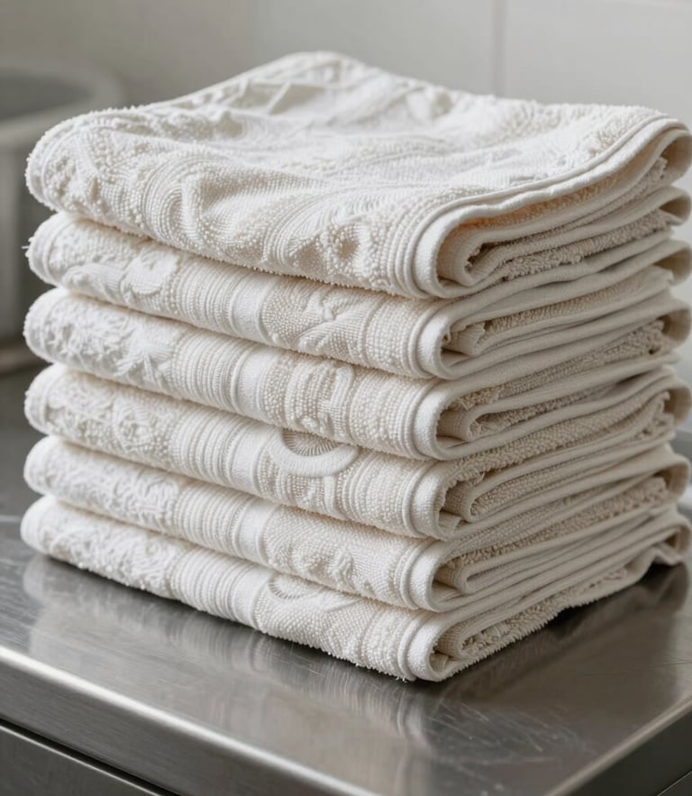 Bright daylight illuminating a neat stack of folded linen towels on a clean stainless steel surface, sterile and organized.