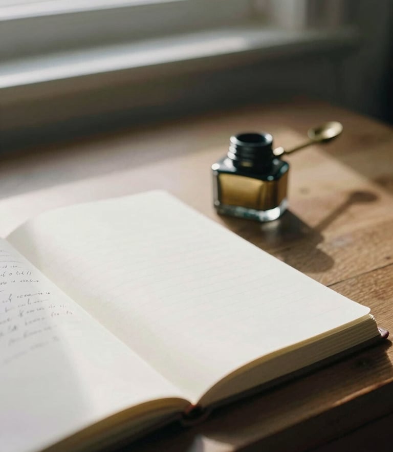 A macro close-up of a wooden writing desk, an open notebook with ink-stained marginalia, a classic brass inkwell, soft diffused window light casting high contrast shadows, 35mm photography