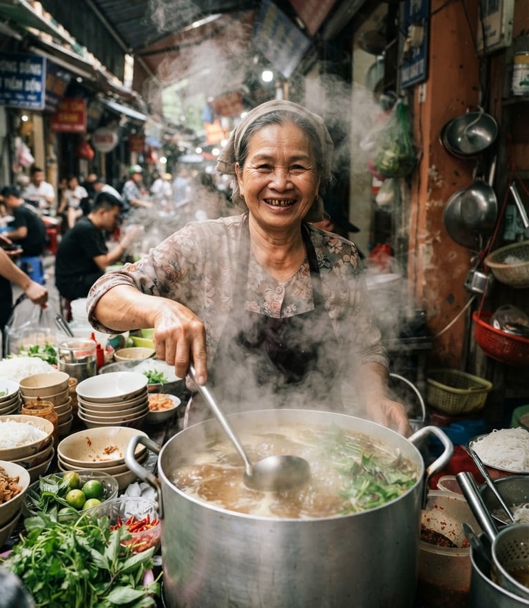 Close-up portrait of a local street food cook in Hanoi smiling warmly, surrounded by steam from a massive broth pot, natural morning market light, warm terracotta tones, high contrast, 35mm film.