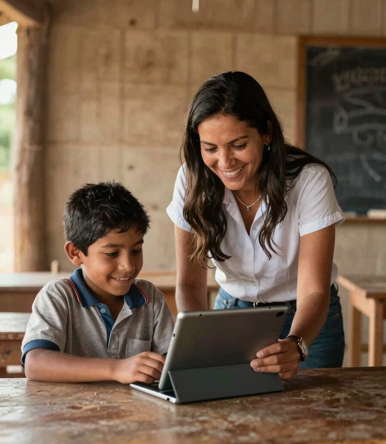 Un plano medio de una profesora de escuela rural sonriendo junto a un niño frente a una tableta digital, luz natural cálida de tarde, aula rústica con paredes de madera.