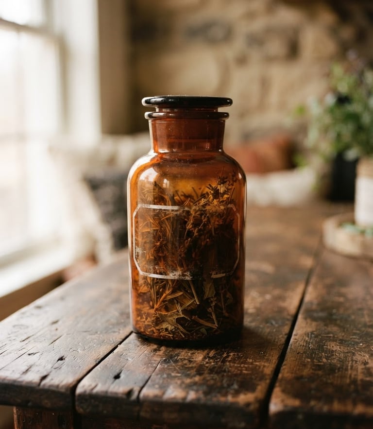 Warm editorial close-up of a dark amber apothecary jar resting on a rustic wooden table, soft natural window light casting gentle shadows, shallow depth of field, 35mm