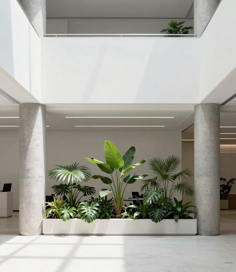 Minimalist architectural photography of a bright, sunlit modern office atrium, concrete pillars, lush green plants, clean lines, 35mm.