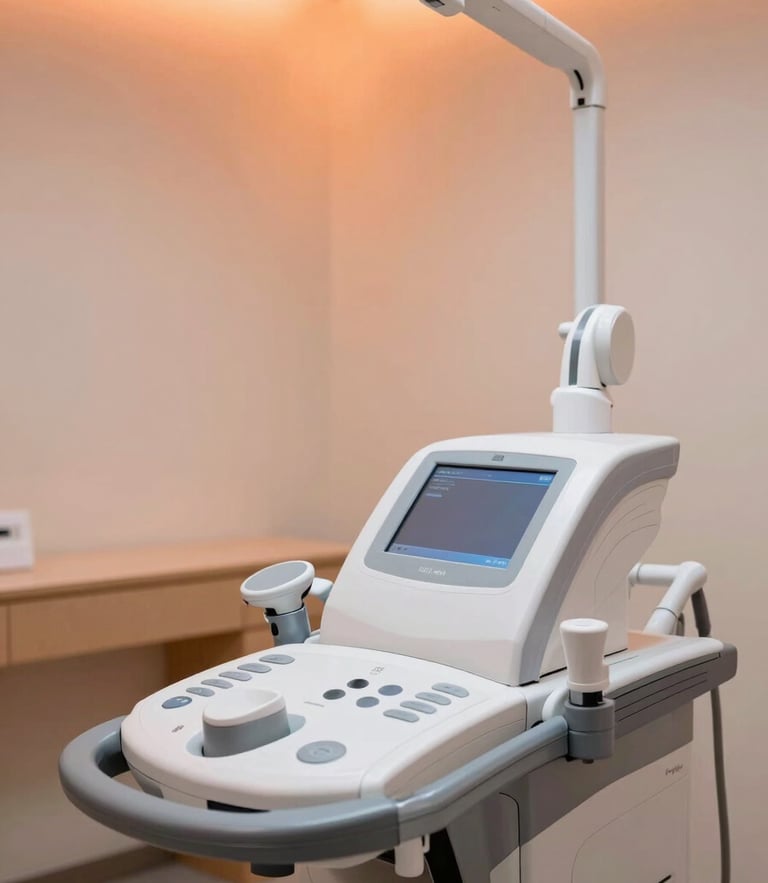 Professional medical resonance machine in a bright clean clinic, soft orange ambient light accents, warm professional atmosphere, 35mm photography