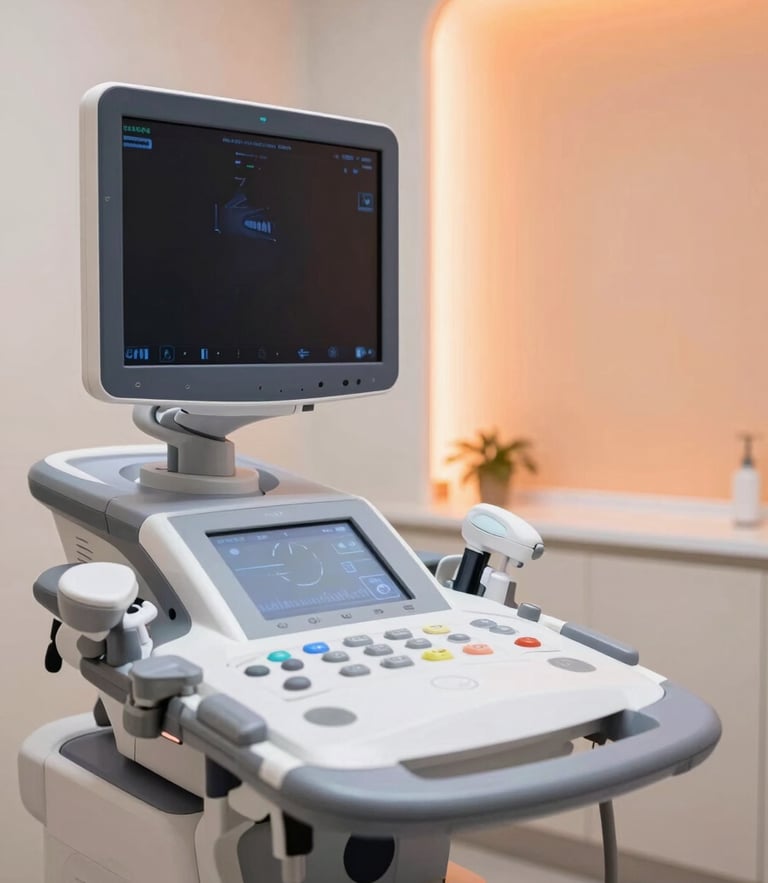 Bright clean clinical studio, a modern ultrasound machine with a soft orange accent light, professional medical setting, 35mm