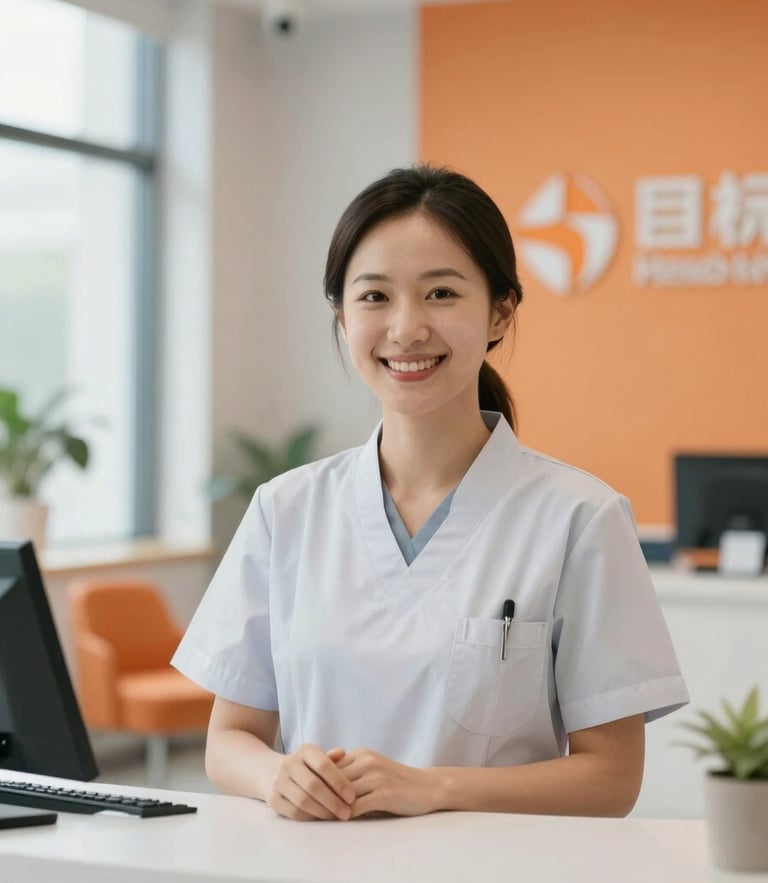 Professional medical receptionist smiling warmly in a bright modern clinic lobby, soft natural light, orange and gray accents, 35mm