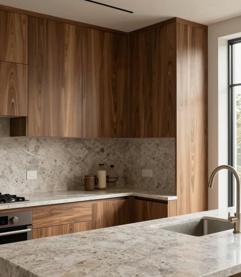 Portrait architectural photograph of a high-end kitchen corner, grain-matched walnut cabinets, soft natural daylight, travertine stone countertop, 35mm lens, sharp focus