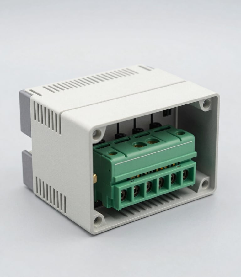 Sharp technical studio photography of a variable frequency drive internal terminal block, bright neutral high-key lighting, gray background, 50mm