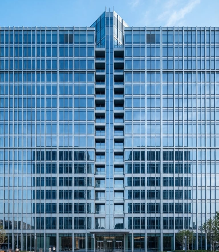 Symmetrical architectural shot of a modern glass office building facade with sharp geometric lines, cool blue daylight, 35mm