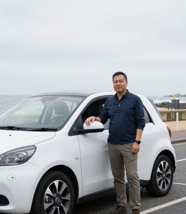 A professional driver in smart-casual attire standing next to a clean modern vehicle on a bright overcast Southsea street, 35mm photography