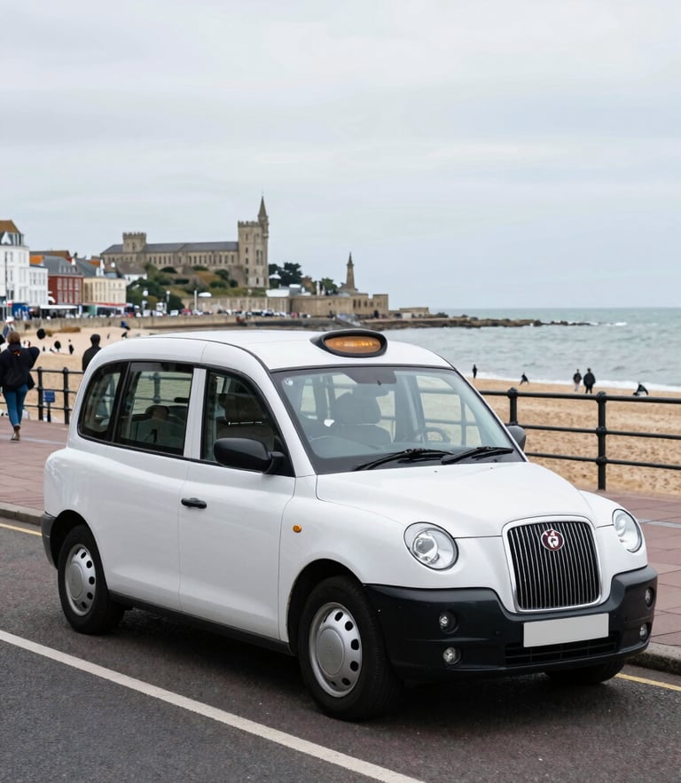 Clean modern hybrid taxi parked near the Southsea seafront with the historic Portsmouth coastline in the background, bright overcast coastal light, realistic local street scenes, sharp focus, 35mm