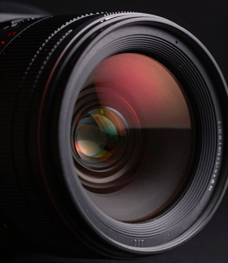 Extreme close-up of a high-contrast digital camera lens reflecting red neon studio light, sharp angles, deep black shadows, minimalist composition