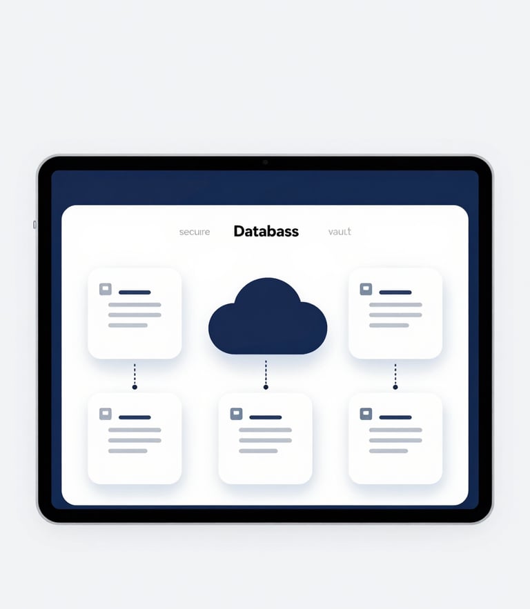 Minimalist software UI render showing secure cloud database connections and encrypted document vaults, clean studio lighting, corporate navy and white tones