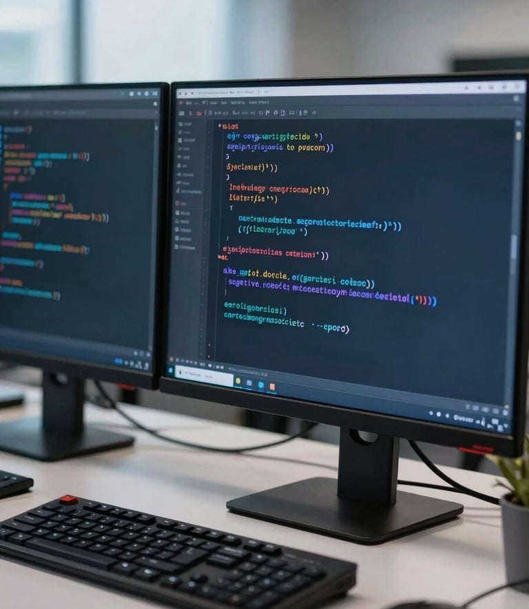 Close-up of secure code on dual monitors in a cool-toned Noida office space, subtle blue ambient light, professional corporate photography, 50mm