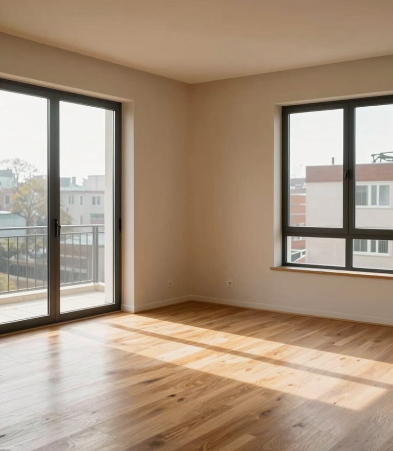 A clean, modern apartment interior with natural light streaming through large windows, showcasing soft wooden floors and warm sand-toned walls, realistic architectural scale.