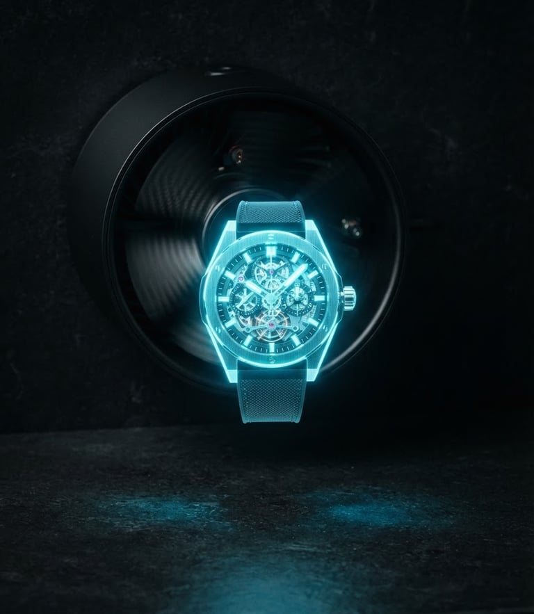 Macro architectural studio shot of a sleek matte-black holographic fan device spinning rapidly, projecting a highly detailed, luminous 3D luxury watch floating in mid-air, casting realistic cyan light reflections on a dark obsidian background, 35mm