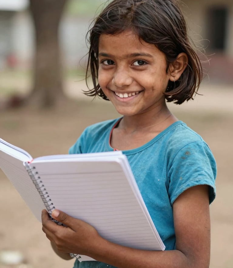 A young girl in Siwan, Bihar, smiling warmly with a notebook in her hands, soft natural outdoor daylight, rich organic tones with soft blue accents, 35mm lens