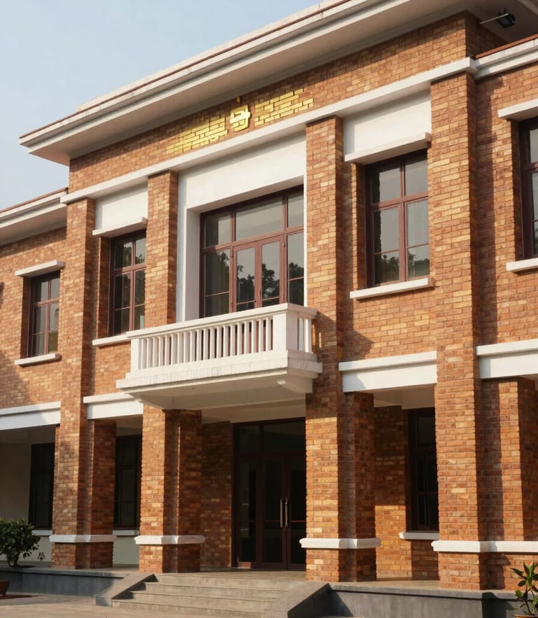 Dignified brick facade of an elite academic library in Dehradun, bright morning sunlight, clean architectural lines, 50mm lens