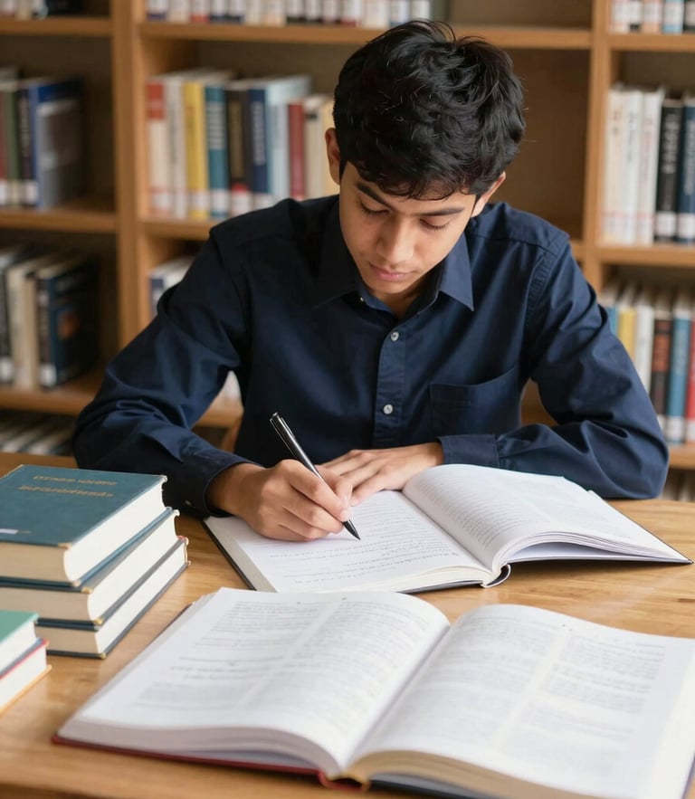 A focused civil services aspirant studying in a quiet, sunlit library, surrounded by structured reference books and handwritten notes, 50mm lens.