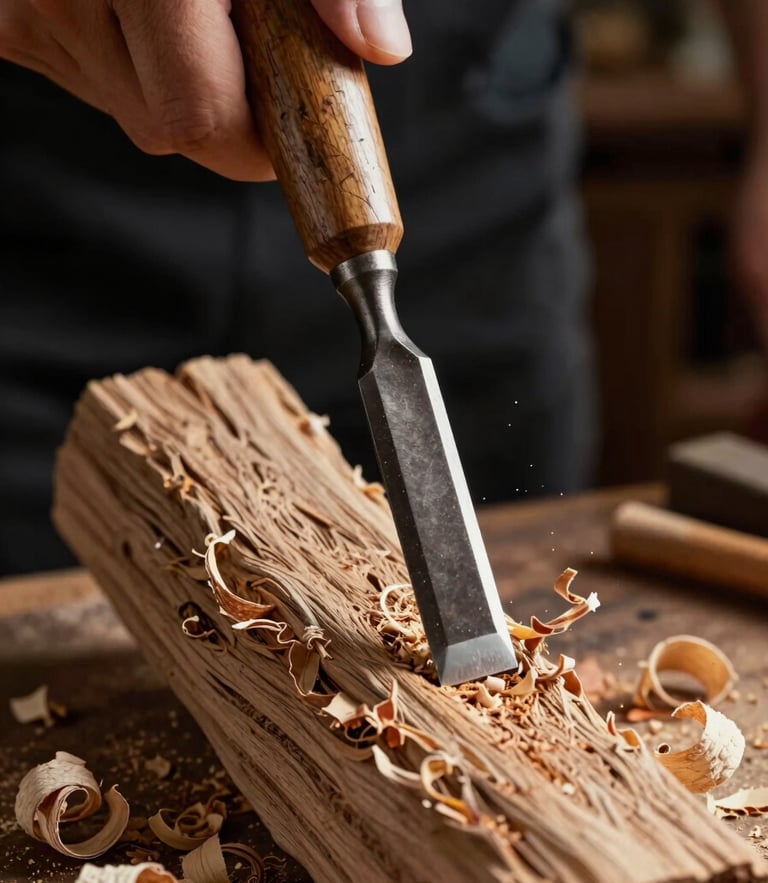 Extreme close-up of hands carving weathered oak with a traditional Japanese chisel, wood shavings curling, dramatic side lighting, dark workshop background.