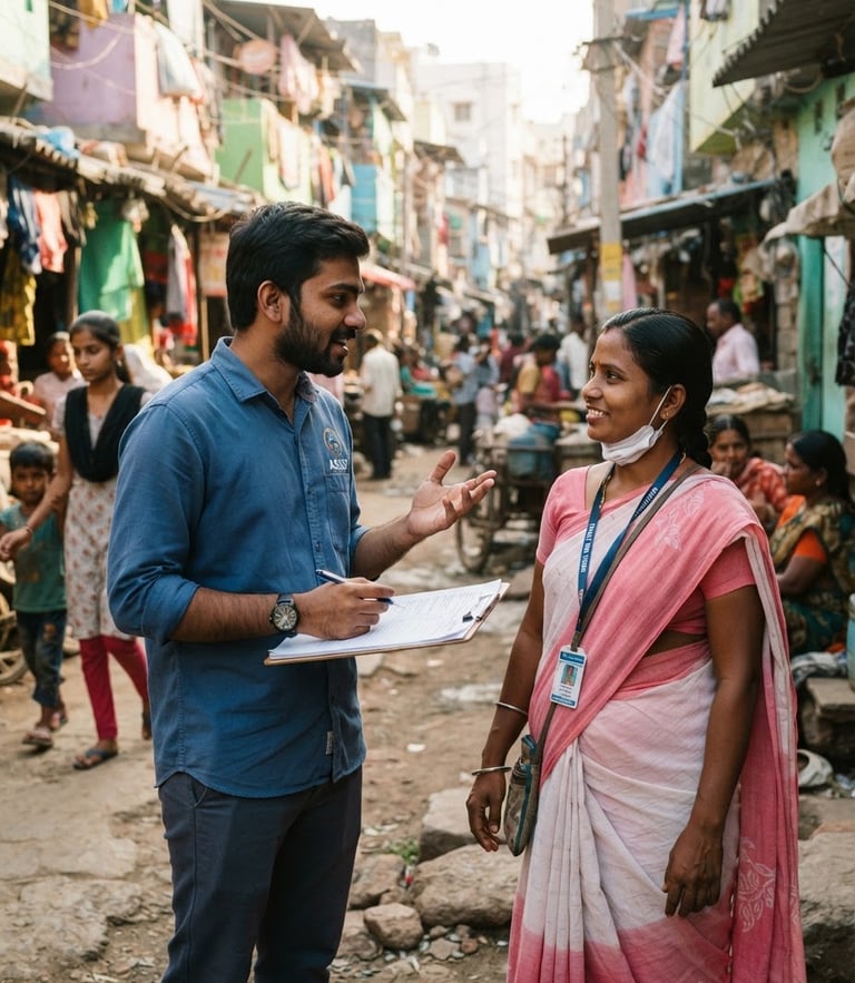 A candid eye-level medium shot of a young Indian male NGO coordinator with a clipboard talking to a community health worker in a sunlit Hyderabad slum lane, bright natural daylight, 35mm lens.