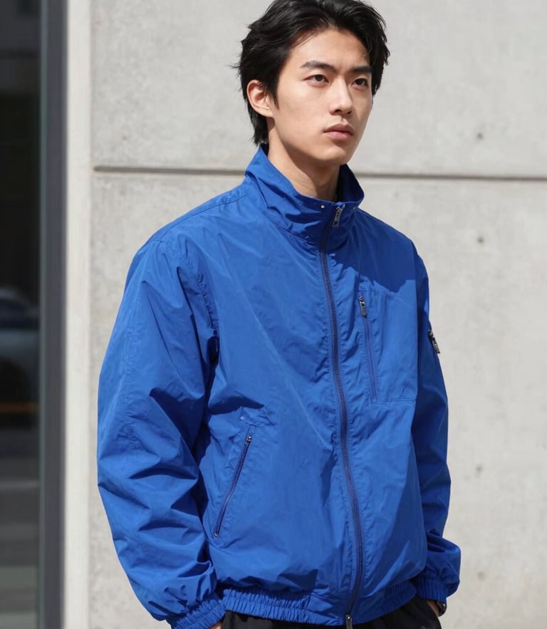 Dynamic street-style portrait of a model in a vibrant cobalt blue jacket against a clean concrete wall, bright natural daylight, high contrast, 35mm lens