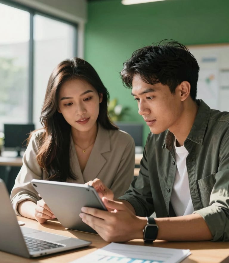 A portrait of two young Indonesian entrepreneurs discussing business metrics on a tablet in a sunlit, modern green-accented office space.
