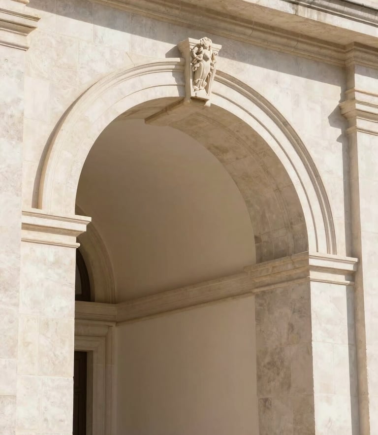 Elegant close-up of a stone classical archway in Madrid, bright natural daylight, soft warm shadows, architectural detail, 35mm lens