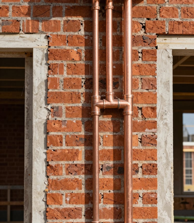 Close-up of raw construction progress inside a Wirral property, exposed red brick wall, clean new copper piping, fresh plaster borders under natural daylight